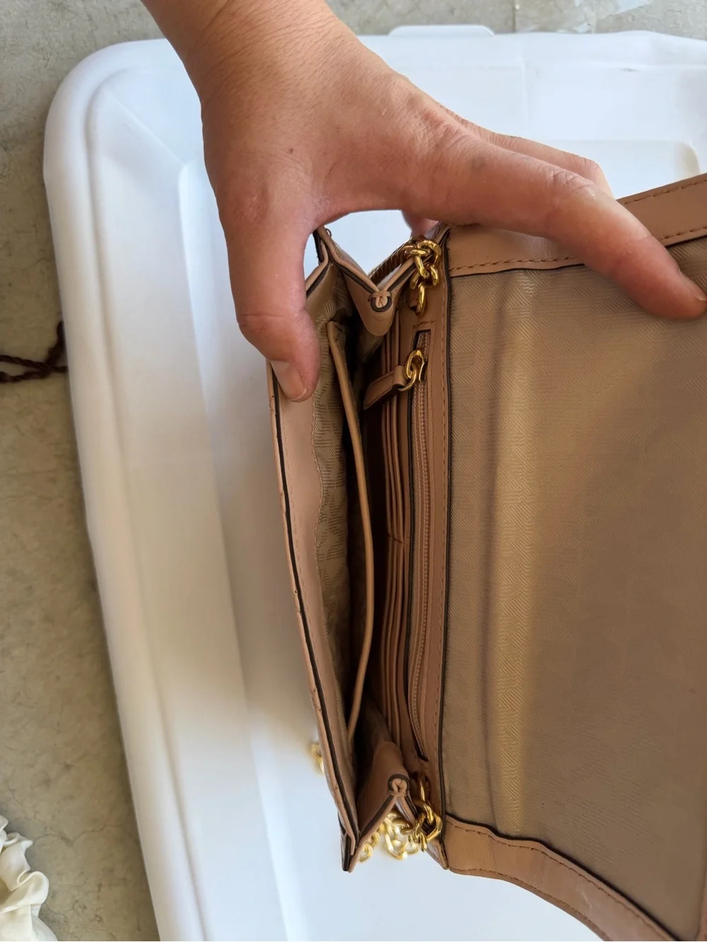 Michael Kors Quilted Nude Beige Wristlet with Gold Hardware and chain